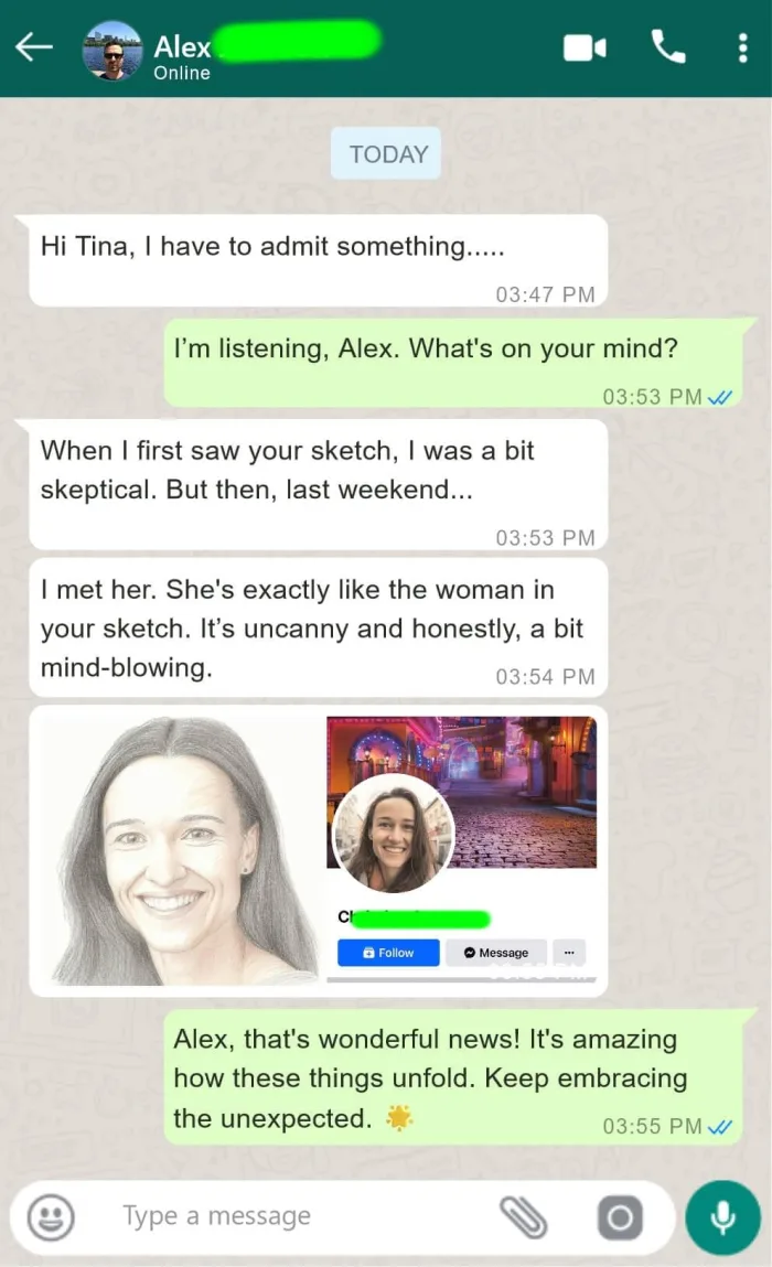 Alex's message to Tina — met the woman from his sketch