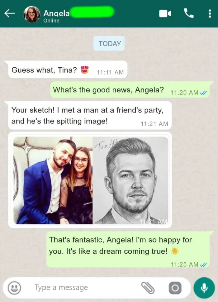 Angela's message to Tina — met the man from her sketch at a party